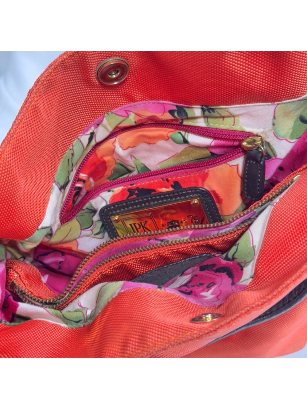 JPK Paris 75 Orange & Floral Lined Nylon Shoulder Bag With Gold Hardware - Picture 9 of 12